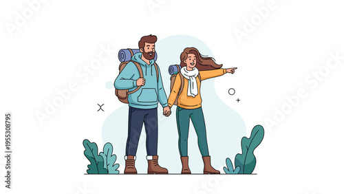 Couple hiking in nature with backpacks pointing towards the distance, enjoying mountain trekking and future adventure together.