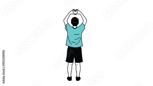 Person from behind making heart gesture with hands over head, expressing love and kindness in simple clothing and minimalist style.