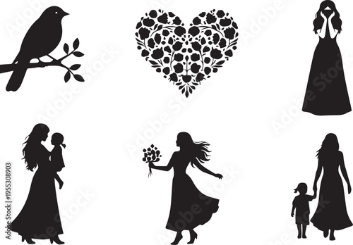 Silhouette collection birds hearts and elegant women