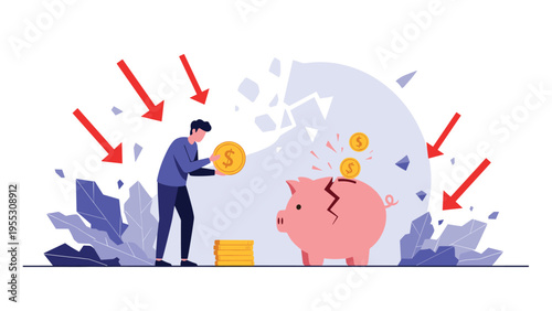 Man saving money in piggy bank while economic arrows point down, representing financial protection and savings during recession.