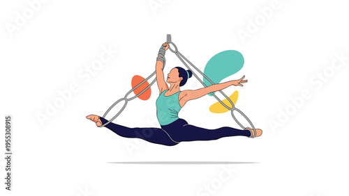 Graceful aerial gymnast performing splits on hanging ropes with abstract shapes, showcasing strength and flexibility in sports.