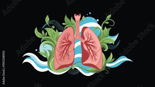 Artistic illustration of human lungs surrounded by green leaves and water waves, concept for respiratory health and clean air.
