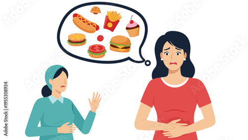 Woman feeling stomach ache and thinking about junk food, representing unhealthy diet consequences and digestive health issues.