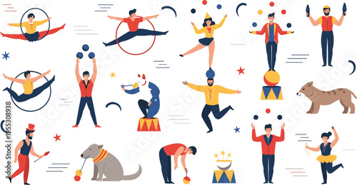 Circus performers and trained animals set with acrobats jugglers and dogs, entertainment show collection in flat vector illustration style