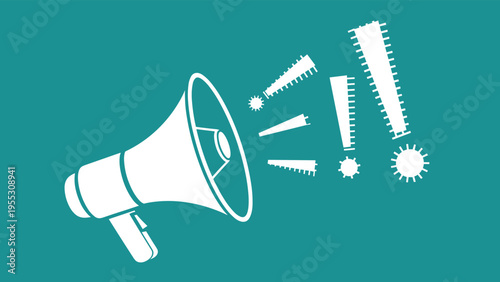 White megaphone icon with exclamation marks on green background, symbol for breaking news, alert, and marketing advertisement.