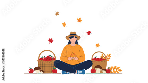 Girl sitting in autumn woods with baskets of apples and mushrooms, celebrating harvest season with colorful falling maple leaves.