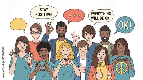 Large group of diverse people making positive gestures and heart shapes, with speech bubbles promoting optimism and well being.