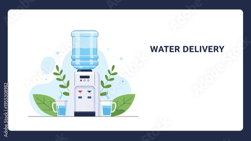 Clean water dispenser with large bottle and two glasses, with text water delivery for home or office hydration service theme.