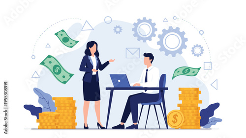Business teamwork concept with man and woman working near money and gears, representing profitable venture and corporate success.