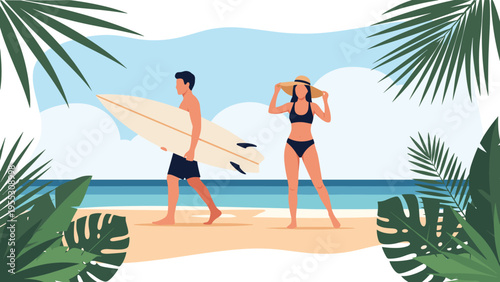 Young couple with surfboard walking on sandy beach, enjoying tropical summer holiday with sea and palm trees in the background.