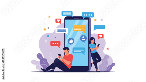 Man and woman leaning against a giant smartphone while using their mobile devices to interact with various social media notification icons.