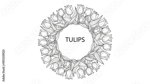 Black and white line art illustration of a circular floral wreath made of tulips with the word tulips written in the center.