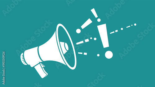 White silhouette of a megaphone with exclamation marks and dotted lines coming out of it set against a solid teal background for news.