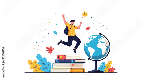 Student with a backpack jumping excitedly over a stack of books next to a globe to represent study abroad and global education success.