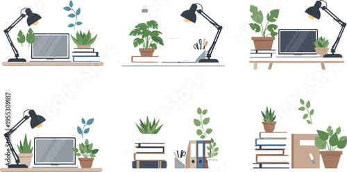 Workspace desk setup with laptop lamp books and plants, modern home office interior collection vector illustration
