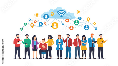 Diverse group of people standing in a line and using smartphones connected to a cloud network with various social media icons.