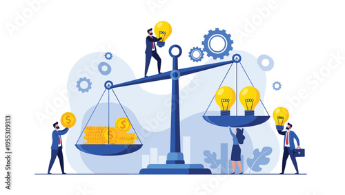 Business concept illustration showing people balancing stacks of gold coins against glowing lightbulbs on a large set of scales.