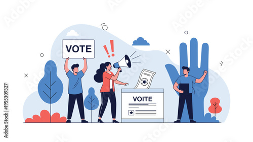 Group of people participating in an election process with a ballot box, vote signs, and a woman using a megaphone to voice opinions.