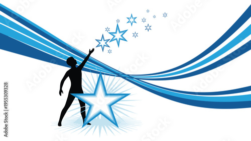 Silhouette of a person standing and reaching towards a trail of glowing blue stars against a background of curved blue waves.