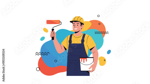 Professional painter wearing a yellow hard hat and blue overalls holding a paint roller and a bucket against colorful abstract shapes.