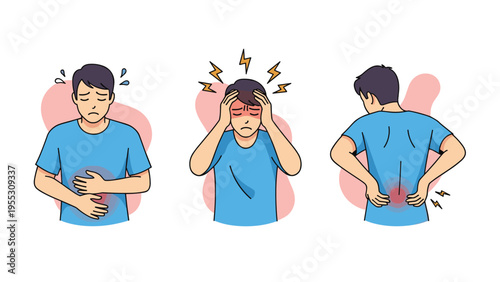Character illustration showing a man experiencing different types of physical pain including stomachache, headache, and backache.