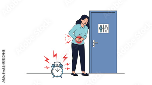 Concerned woman holding her stomach in pain while standing next to a bathroom door with a ringing alarm clock on the floor.