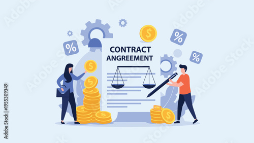 Professional man and woman signing a large contract agreement document with scales of justice and piles of gold coins around.