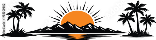  Palm Tree Sunset Silhouette Collection – Tropical Island Landscape Vector Illustration White Background