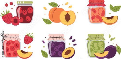 Fruit jam jars set with raspberry peach and plum preserves, homemade sweet desserts collection with labels vector illustration