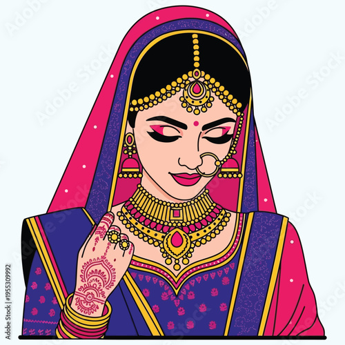 Beautiful Indian bride wearing traditional jewelry and bridal attire, looking down modestly
