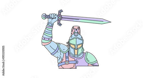 Knight in armor holding sword up.