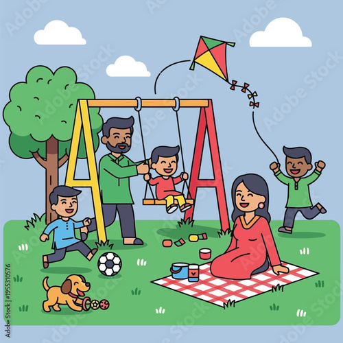 Family enjoying park with kite flying, swing set, picnic and dog, outdoor recreation