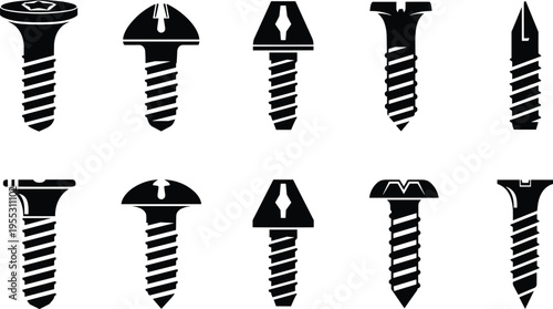Black and white vector silhouette set of various industrial screws and bolts featuring different head types like Phillips, flat, and hex for hardware designs.