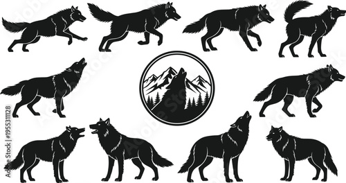Black and white vector silhouette set of wild wolves featuring howling, running, and standing poses with a mountain wilderness emblem for outdoors and nature design.