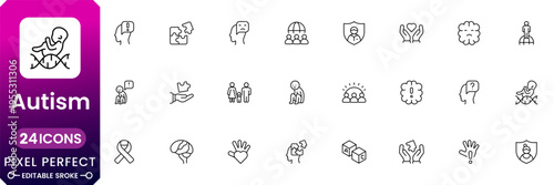 Autism awareness day icon set with puzzle symbol, support, inclusion and neurodiversity elements modern outline vector collection
