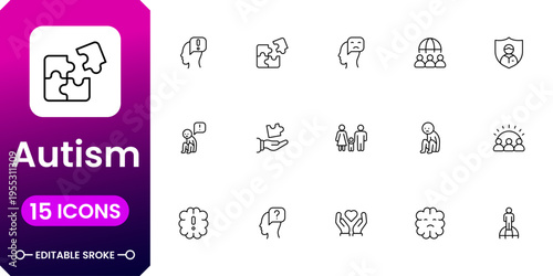 Autism awareness and support icon pack featuring puzzle ribbon, inclusion, therapy and neurodiversity symbols clean vector design