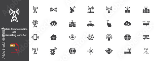 Wireless Communication and Broadcasting Icons Set in Minimalist Vector Style.