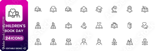 Children book day icon set with reading, storytelling, education and kids literature symbols modern outline vector collection