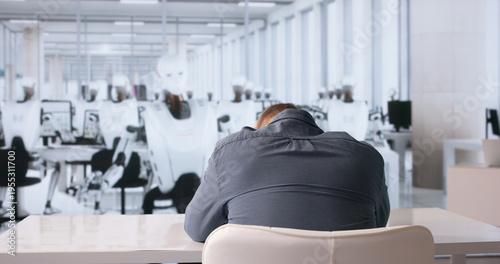 Fotografie Futuristic Robot Conducts Job Interview With Male Candidate