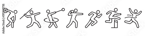 Athletics Sports Line Icon Set. Discus, Javelin, Shot Put, Hammer Throw and Track Field Symbols.