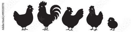Chicken and Poultry Line Icon Set, Hen, Rooster and Chick Farm Animal Symbols.