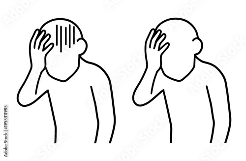 頭痛や倦怠感に苦しむ人物：前屈みで頭を押さえるシルエット線画02