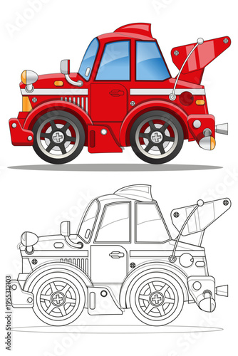 Funny racing car. Coloring. Side view. Isolated on white background. Vector illustration.