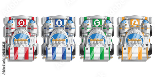 Set of racing cars. Prototype. View from above. Isolated on white background. Vector illustration. 