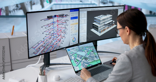 Foto Female Engineer Operating BIM And GIS Tools For Digital Twin Creation