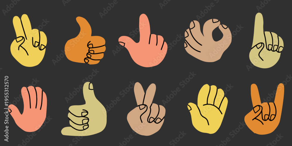 Fototapeta premium Set of hand gesture icons with various finger signs vector illustration. Hand drawn cartoon hand gestures in flat vector style for communication and social media
