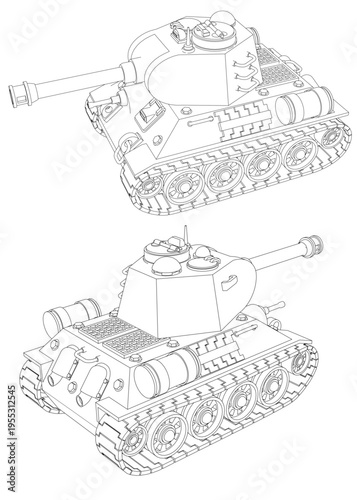 A stylized Soviet tank. Silhouettes. A perspective view. Isolated on white background. Vector illustration.