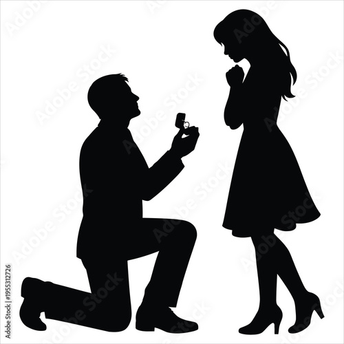 Silhouette of man proposing to woman with ring