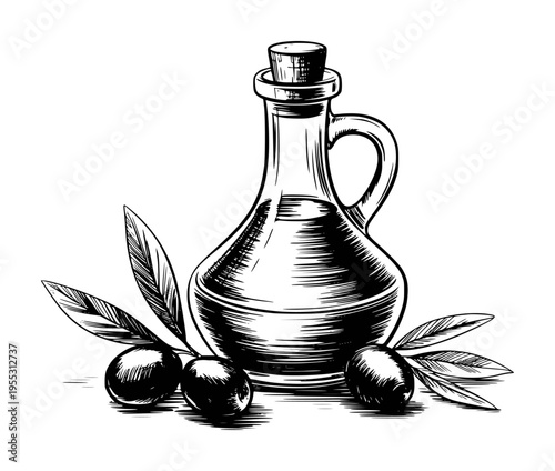 Hand Drawn of Olive Oil Bottle with Olives and Leaves White Background