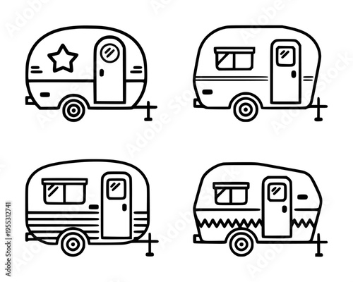 Stylized line of vintage travel trailers with different decorative caravan camping